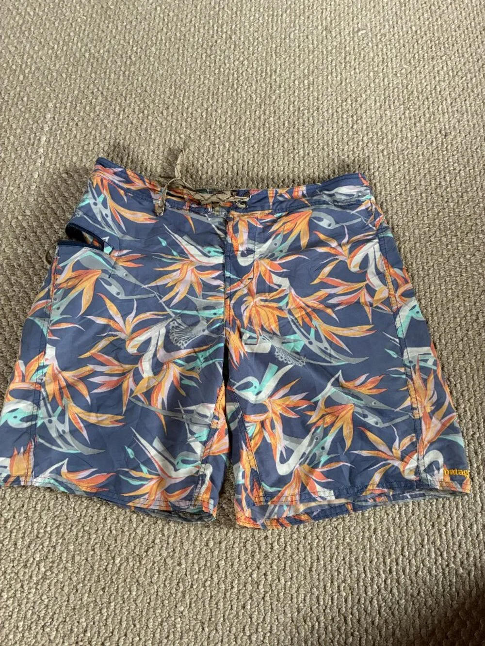 PATAGONIA Board Shorts Mens 33 Blue Floral Bird of Paradise Swim Trunks Surf